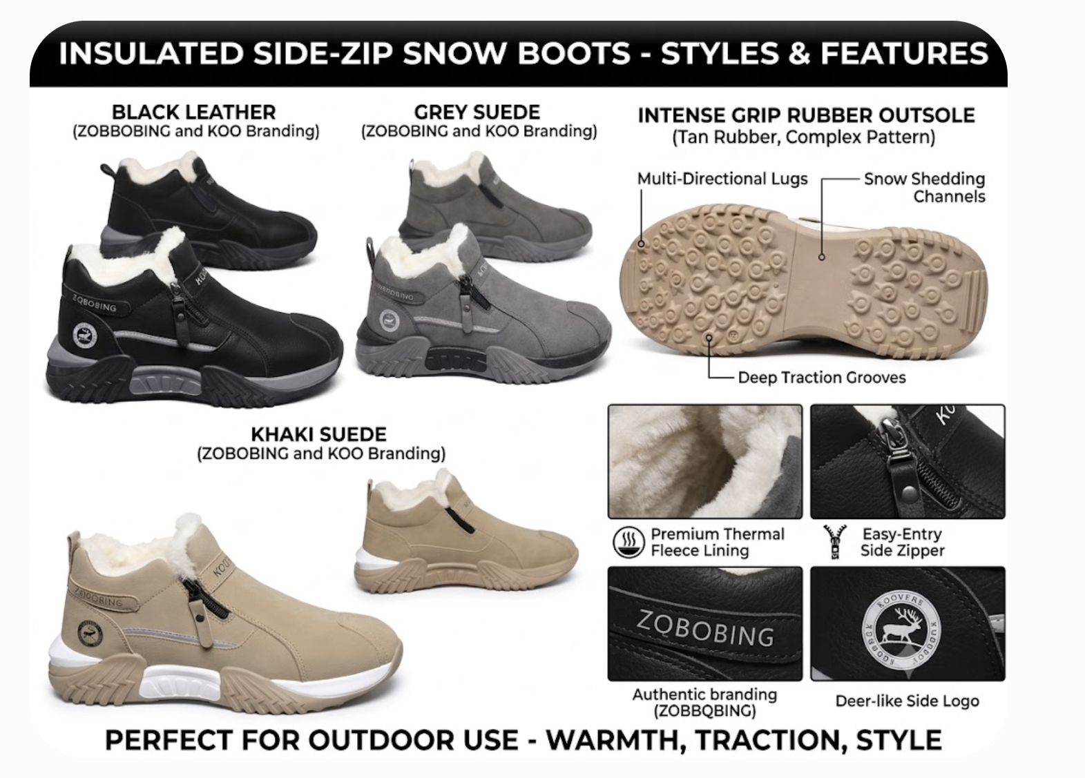 Winter Men'S Thermal Insulated Fleece-Lined Snow Boots - Comfortable, Breathable, And Stylish Hiking Shoes, Short Men'S Boots Suitable for Hiking, Hunting, Work Commuting, And Casual Wear, Winter Boots, Outdoor Footwear - Available in Black/Gray/Kha 20 A professional product feature graphic showcasing three styles of insulated fleece-lined snow boots in black leather, grey suede, and khaki suede, alongside a tan rubber outsole showing a deep traction pattern, plus macro detail views of the warm lining and side zipper.
