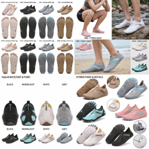 A collage of views for Mrali Unisex Quick-Dry Water Shoes in black, apricot, grey, and moonlight, with thumbnails of back and side views and lifestyle images of fitness squats and river parcs wading.