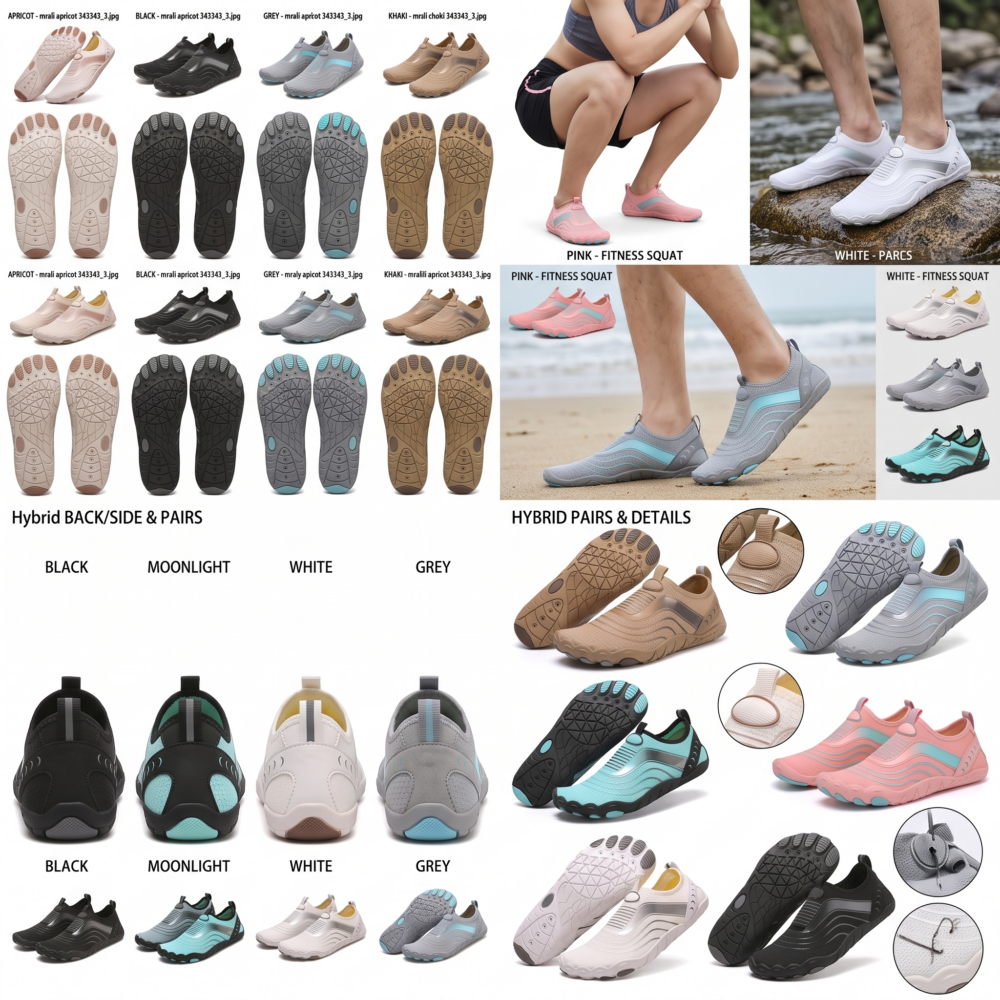 Unisex Quick-Dry Water Shoes, Comfortable and Breathable, Suitable for Fishing, Surfing, Hiking, Wading, Beach Play, and Fitness Squats 1 A collage of views for Mrali Unisex Quick-Dry Water Shoes in black, apricot, grey, and moonlight, with thumbnails of back and side views and lifestyle images of fitness squats and river parcs wading.