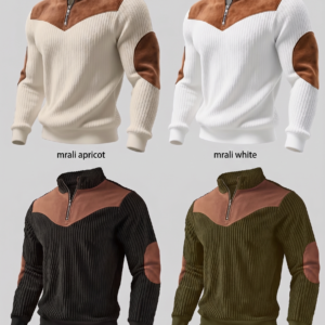A studio product collage showing four colors of the Men's Stand Collar Pullover: apricot, white, black, and khaki green, each displayed on an invisible mannequin from a three-quarter angle.