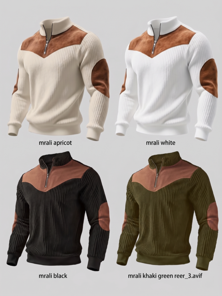 A studio product collage showing four colors of the Men's Stand Collar Pullover: apricot, white, black, and khaki green, each displayed on an invisible mannequin from a three-quarter angle.