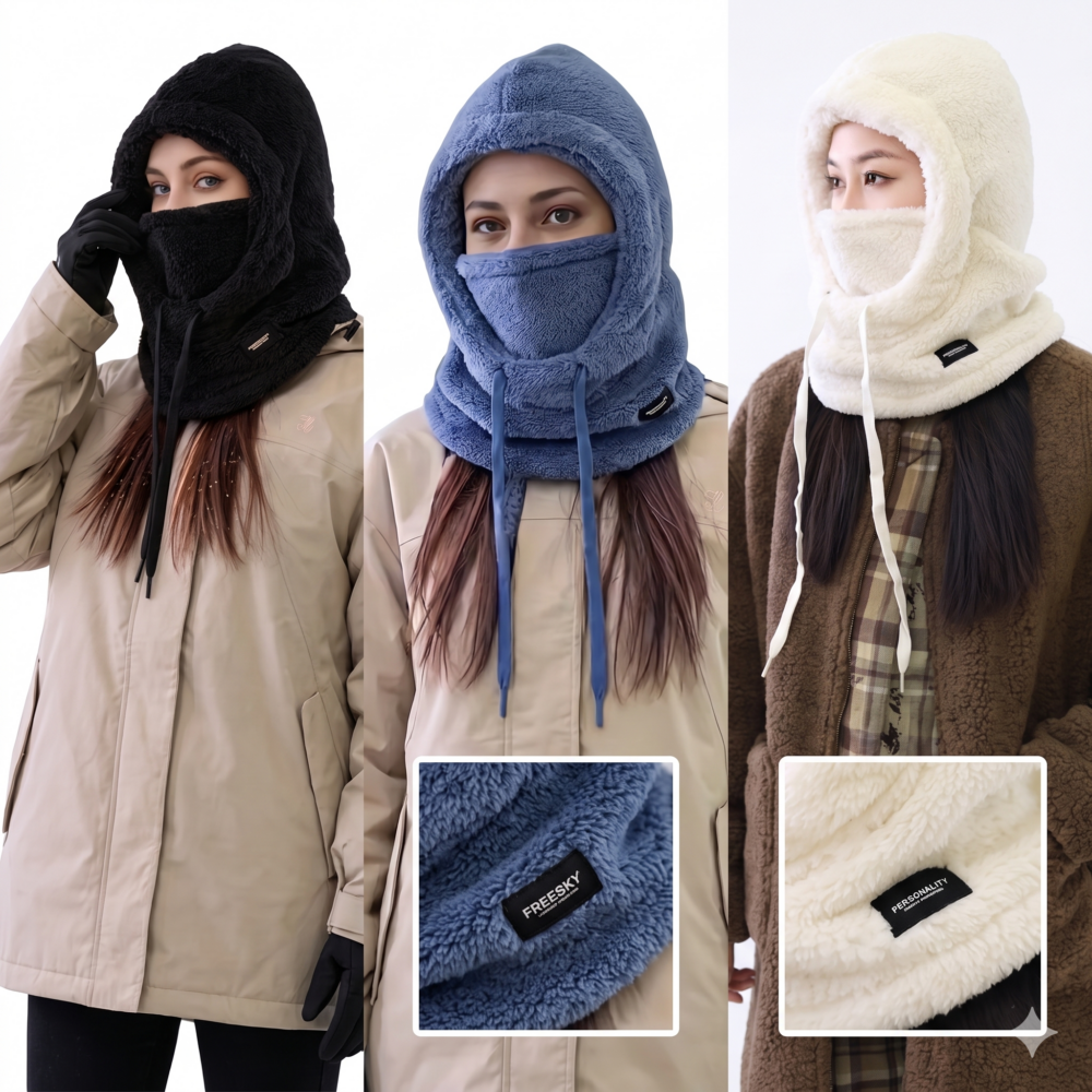 presenting a woman modeling a winter fleece hooded scarf in three available colors against a pure white background. On the left, she wears the black color option paired with a beige winter coat and black gloves. In the center, she wears the blue color option with close-up inset texturing showing a brand tag. On the right, she wears the off-white color option paired with a brown teddy coat, complete with a close-up texture inset of the plush white fleece fabric.