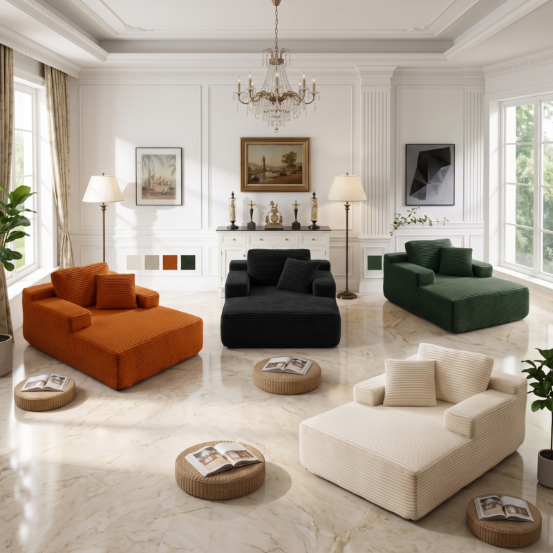 Four views of the 51-inch Oversized Boneless Lounge Chaise Recliner shown in a luxury living room, featuring different color variants including orange, black, deep green, and neutral beige, all in wide wale ribbed corduroy upholstery.