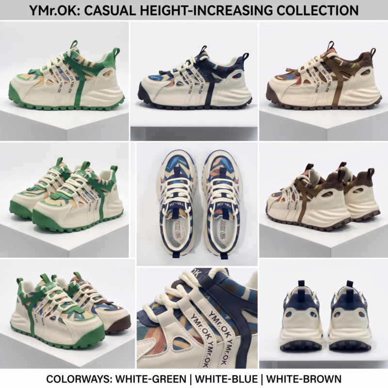 A nine panel grid studio layout presenting multiple variants of thick sole Casual Height-Increasing sneakers in green blue and brown color styles from different angles