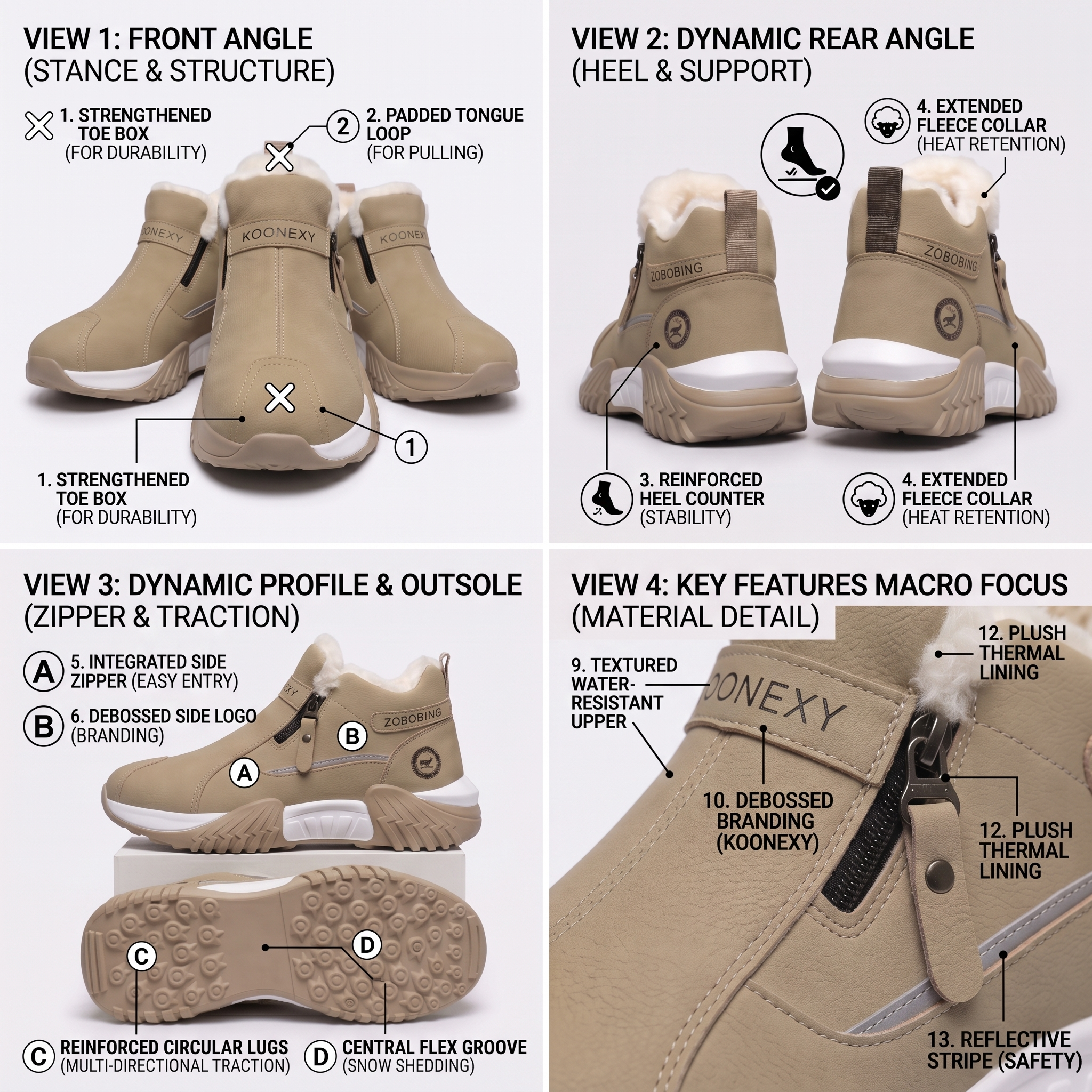 Winter Men'S Thermal Insulated Fleece-Lined Snow Boots - Comfortable, Breathable, And Stylish Hiking Shoes, Short Men'S Boots Suitable for Hiking, Hunting, Work Commuting, And Casual Wear, Winter Boots, Outdoor Footwear - Available in Black/Gray/Kha 17 A technical feature chart of a technical feature guide of khaki color Insulated Fleece-Lined Snow Boots. It's a 4-quadrant grid detailing a front stance guide, a dynamic rear support view, a profile showing the side zipper and multi-traction outsole (star patterns and grip channels), and a macro focus on materials like the thermal lining and water-resistant upper. Annotations use checkmarks and letters to highlight specific benefits.