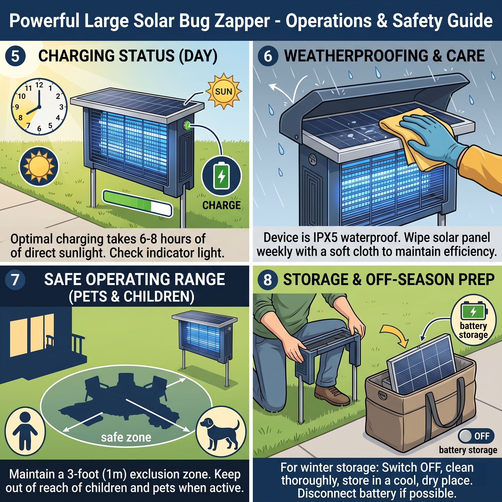 Powerful Large Solar Bug Zapper Outdoor for 2000Sq.ft, Poartable Rechargeable Mosquito Zapper with High Powered, Cordless Solar Fly Zapper for Patio Garden Backyard RV Camping Pond Pest Control 11 A multi-panel illustrated guide for the Powerful Large Solar Bug Zapper Outdoor, detailing (5) Daytime charging requirements, (6) Weatherproofing and maintenance instructions with a hand wiping the solar panel, (7) Safe operating ranges for pets and children with a 3-foot exclusion zone, and (8) Winter storage and off-season preparation steps.