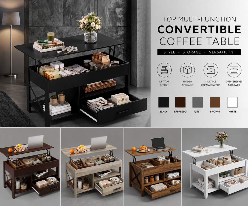 A professional six-panel grid showcasing a Top Multi-Function Convertible Coffee Table in a black finish. Lifestyle images illustrate the lift-top action for office work with a laptop and breakfast pancakes, organized divided storage with books and coffee supplies, an open drawer with headphones, a dedicated wicker basket section, and technical callouts with diagrams.