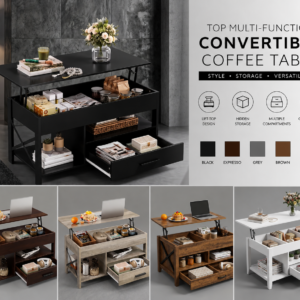 A professional six-panel grid showcasing a Top Multi-Function Convertible Coffee Table in a black finish. Lifestyle images illustrate the lift-top action for office work with a laptop and breakfast pancakes, organized divided storage with books and coffee supplies, an open drawer with headphones, a dedicated wicker basket section, and technical callouts with diagrams.