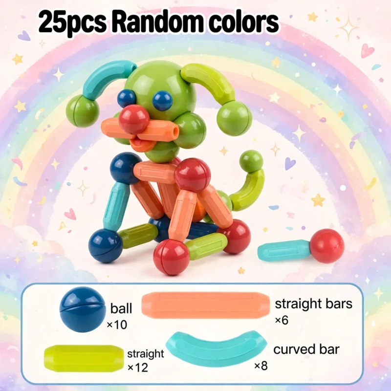 Kids Magnetic Building Blocks STEM Educational Toy for Ages 3 And Up, Enhances Hands-On Skills, Creativity, And Focus – Perfect Creative Learning Gift/Halloween Surprise/Christmas Surprise/Back-To-School Gift 4 A finished toy dog figure made from magnetic balls and rods, displayed against a rainbow background with an inventory list below.