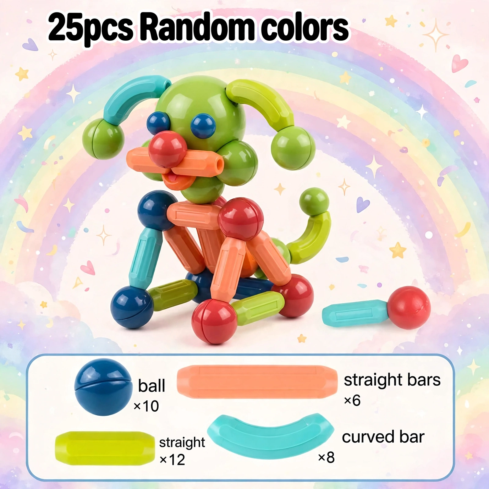 Kids Magnetic Building Blocks STEM Educational Toy for Ages 3 And Up, Enhances Hands-On Skills, Creativity, And Focus – Perfect Creative Learning Gift/Halloween Surprise/Christmas Surprise/Back-To-School Gift 16 A finished toy dog figure made from magnetic balls and rods, displayed against a rainbow background with an inventory list below.