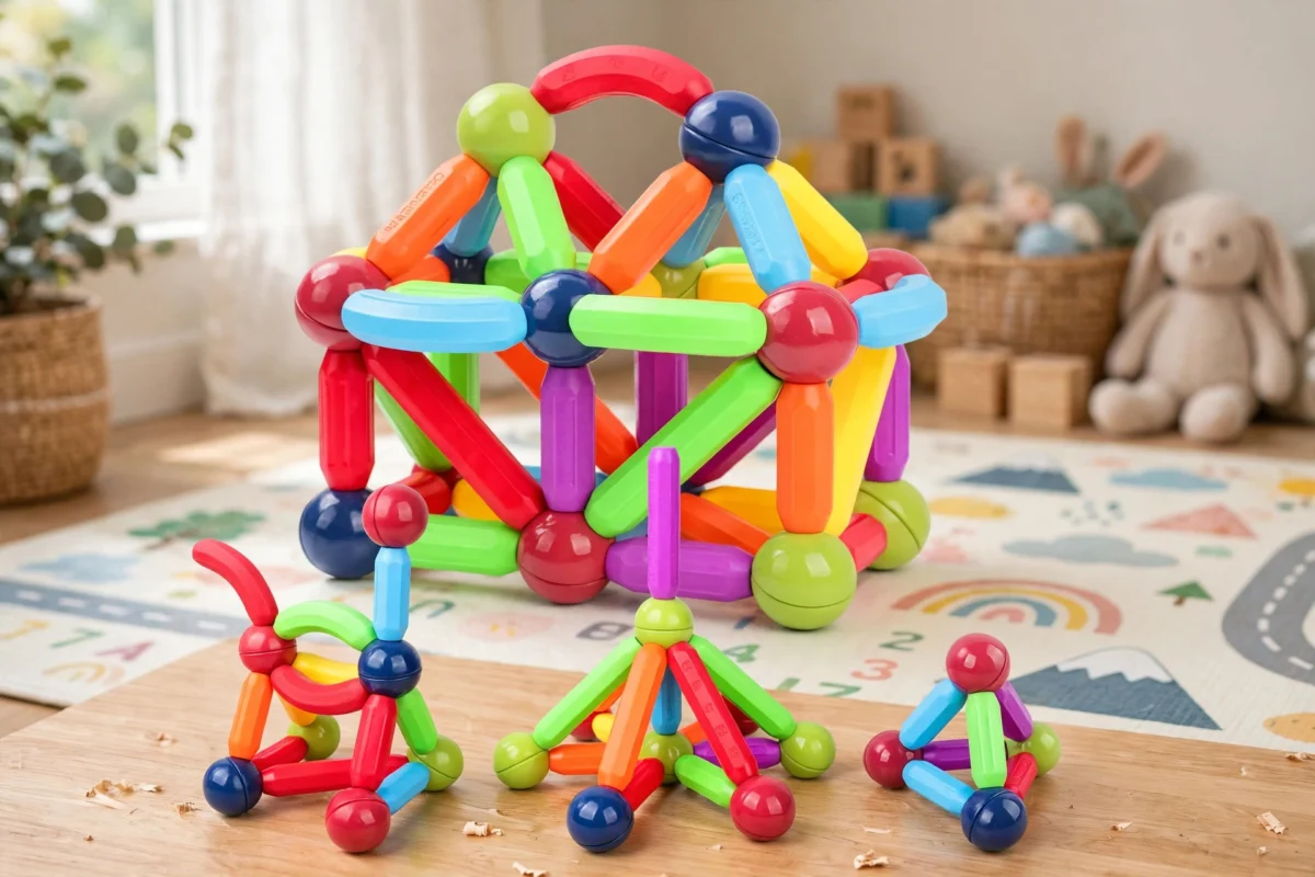 Kids Magnetic Building Blocks STEM Educational Toy for Ages 3 And Up, Enhances Hands-On Skills, Creativity, And Focus – Perfect Creative Learning Gift/Halloween Surprise/Christmas Surprise/Back-To-School Gift 10 Several finished magnetic block structures (house, small animals, geometric shapes) on a wooden table in a child's playroom.
