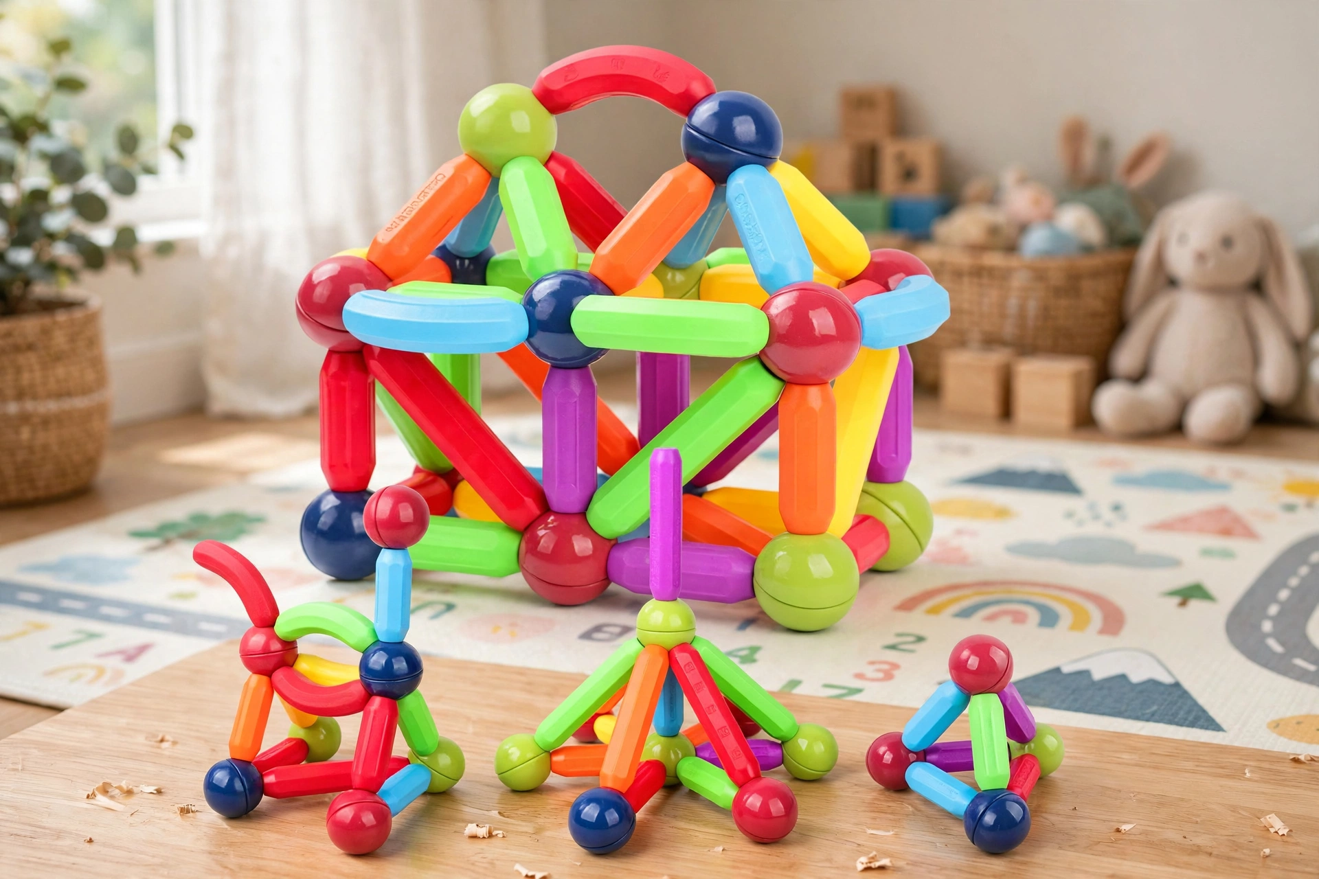 Kids Magnetic Building Blocks STEM Educational Toy for Ages 3 And Up, Enhances Hands-On Skills, Creativity, And Focus – Perfect Creative Learning Gift/Halloween Surprise/Christmas Surprise/Back-To-School Gift 15 Several finished magnetic block structures (house, small animals, geometric shapes) on a wooden table in a child's playroom.