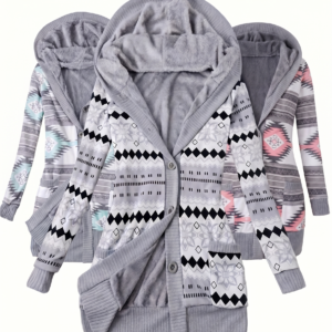 collage of three women's mid-length, fleece-lined hooded cardigan sweaters, all featuring different grey, black, pink, and turquoise geometric printed designs, shown in three separate views (center, back-left, back-right) with a clear text overlay and numerical labels against a white background.