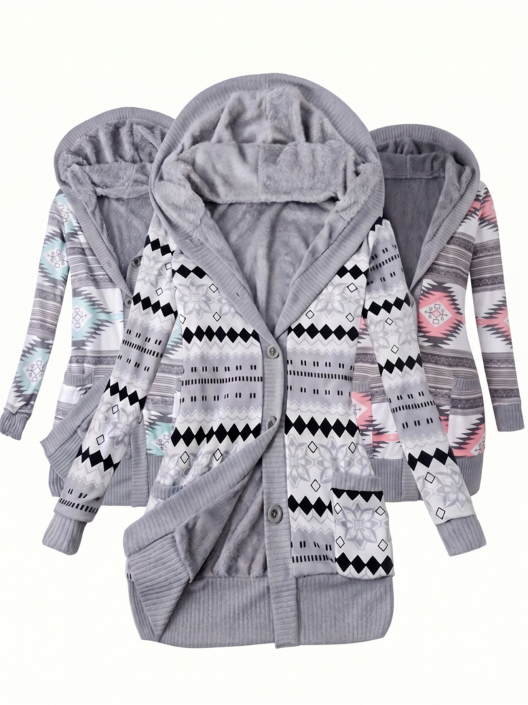 collage of three women's mid-length, fleece-lined hooded cardigan sweaters, all featuring different grey, black, pink, and turquoise geometric printed designs, shown in three separate views (center, back-left, back-right) with a clear text overlay and numerical labels against a white background.