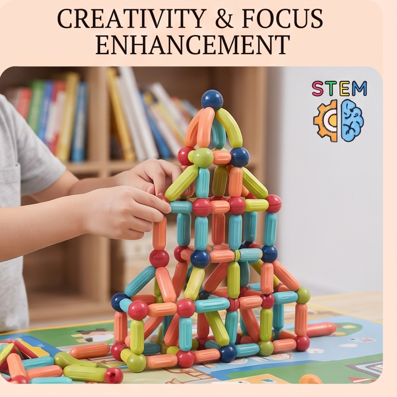 Kids Magnetic Building Blocks STEM Educational Toy for Ages 3 And Up, Enhances Hands-On Skills, Creativity, And Focus – Perfect Creative Learning Gift/Halloween Surprise/Christmas Surprise/Back-To-School Gift 2 Close-up of a child's hands building a tall, intricate structure using colorful magnetic balls and rods.