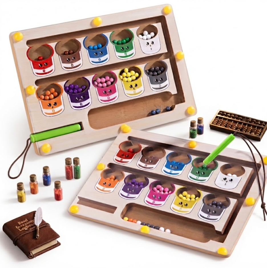 Color Sorting Maze Wooden Number and Color Counting Board Puzzle, Fine Motor Skills Toy, Cute Birthday Gift for Boys and Girls, Halloween/Thanksgiving/Christmas/Easter Gift 3 Two of the same wooden color sorting maze toys, laid flat, with one tilted upwards. They are surrounded by small glass vials of colored beads, a small abacus, and a leather journal.