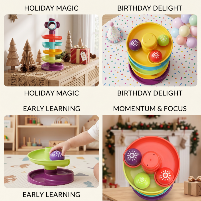 Ball Track Tower Fun Educational Toy Rolling Ball Early Learning/Spinning Balls/Great Gifts for Holidays Birthdays 7 A colorful multi level plastic ball track tower toy featuring a purple monkey head topper standing straight on a solid white background