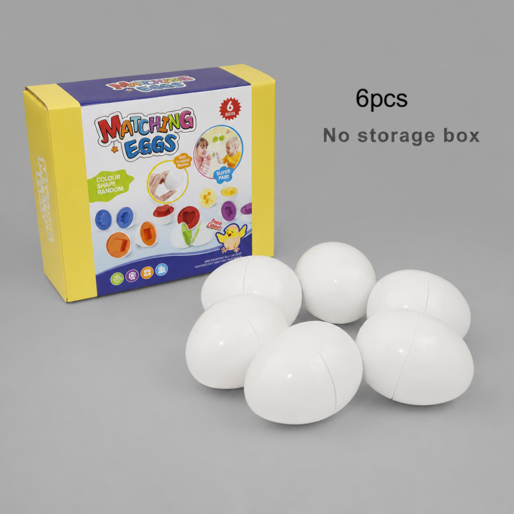 Flat lay composition showing 12 pieces Plastic Egg Shape Sorting toy halves arranged in three rows.