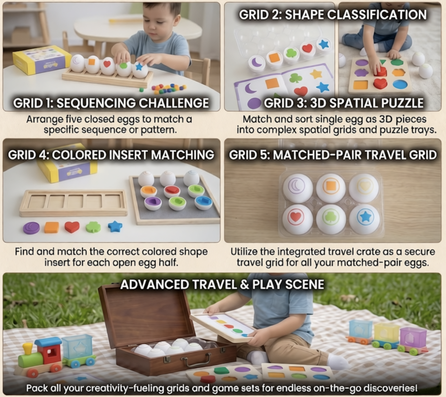 6/12pcs Pieces Plastic Egg Shape Sorting & Matching Puzzle - Egg Cell Suitable for Preschool Shape Recognition, Fine Motor Skills Activity for Boys & Girls, Travel-Friendly Egg Classificatory Games 3 Brown woven basket filled with Pieces Plastic Egg Shape Sorting toys, set against a light-colored fabric.