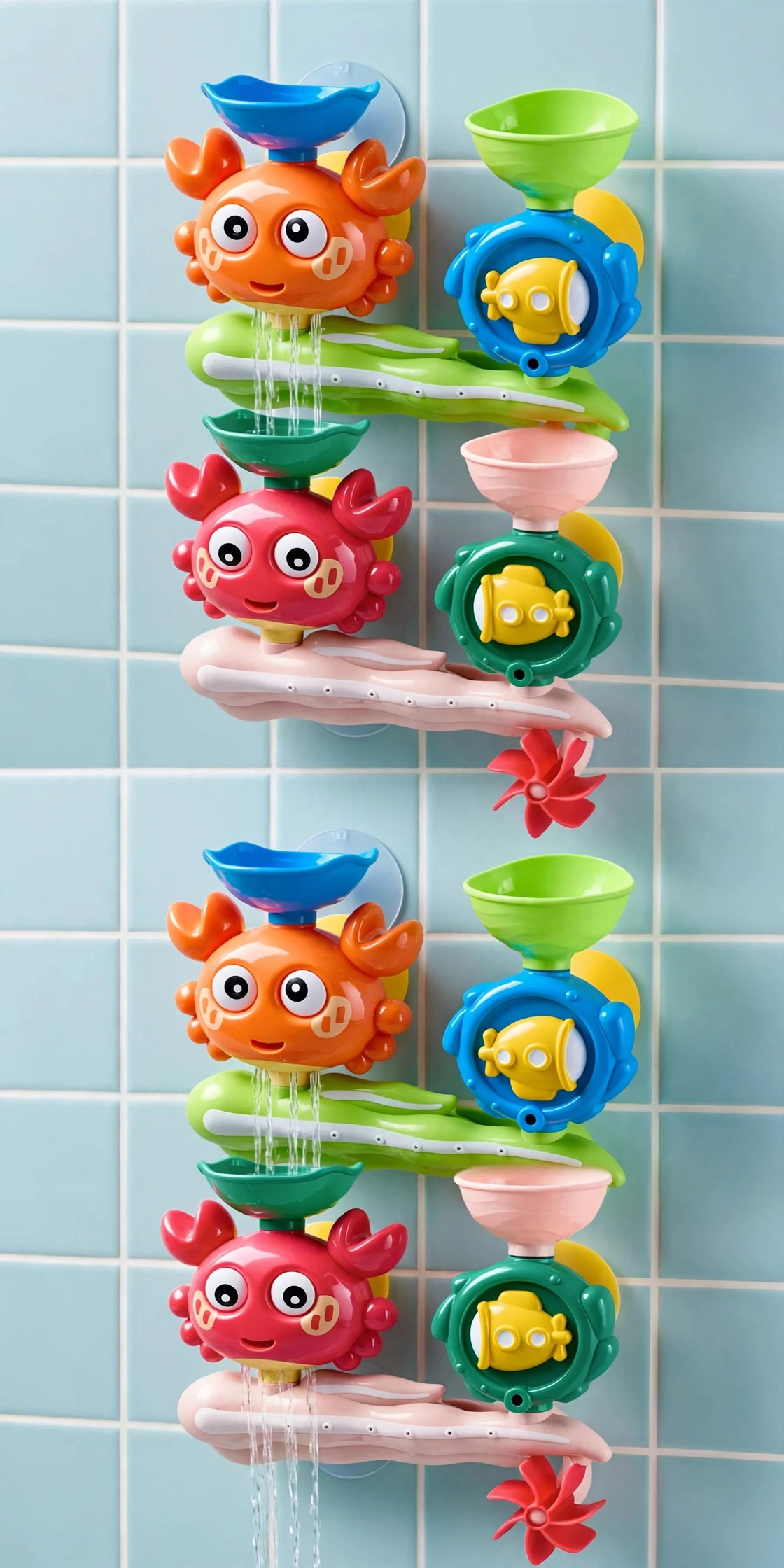 Interactive Suction Cup Bath Toy Set for Youngsters Durable ABS Material, Multi-Color Palette, Enhances Motor Skills & Playfulness 2 A red Interactive Suction Cup Bath Toy Set mounted on white bathroom tiles pouring water into a pink bathtub