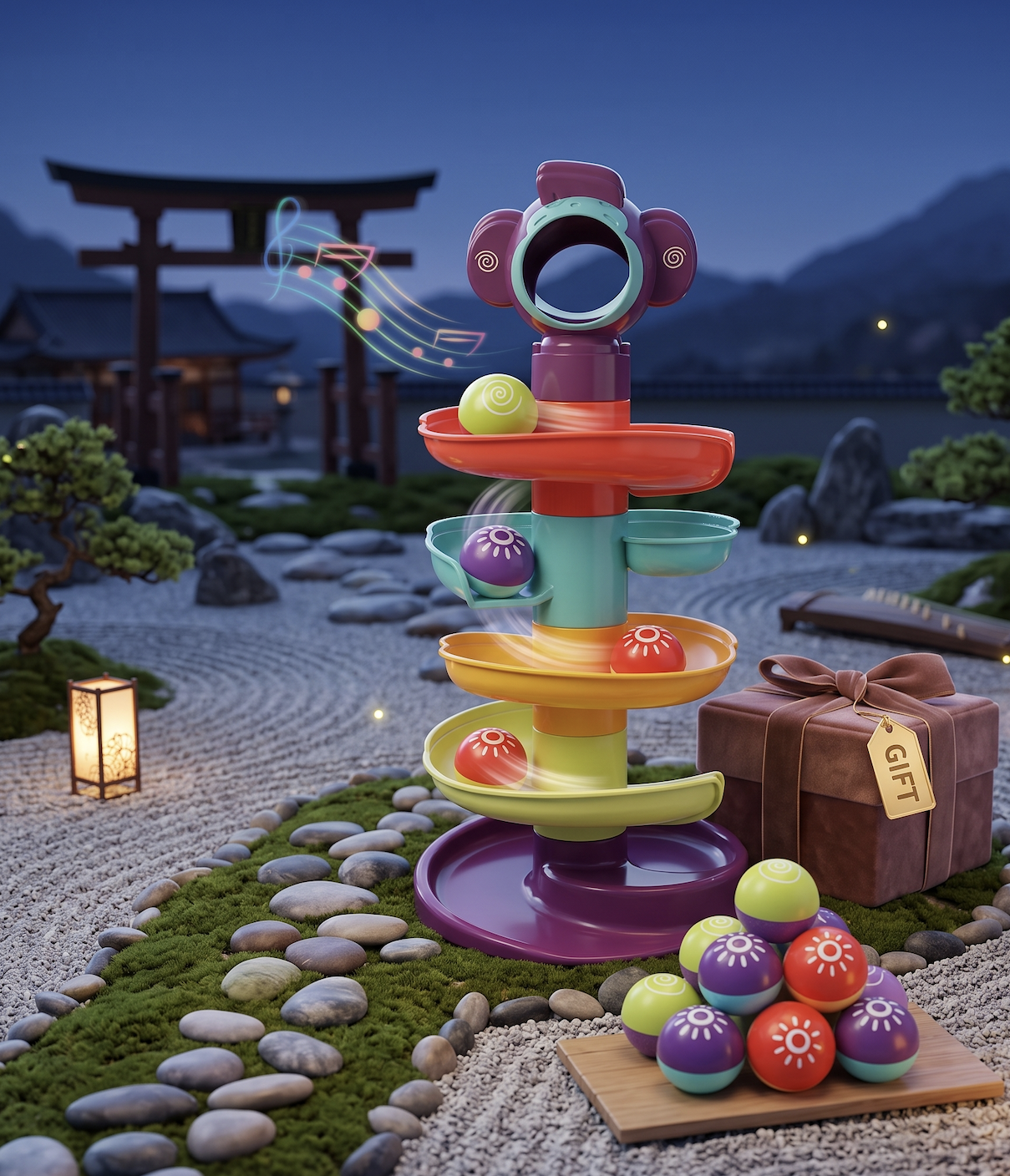 Ball Track Tower Fun Educational Toy Rolling Ball Early Learning/Spinning Balls/Great Gifts for Holidays Birthdays 2 A multi tier ball track tower toy surrounded by textured balls in a beautifully lit outdoor zen garden next to a brown gift box