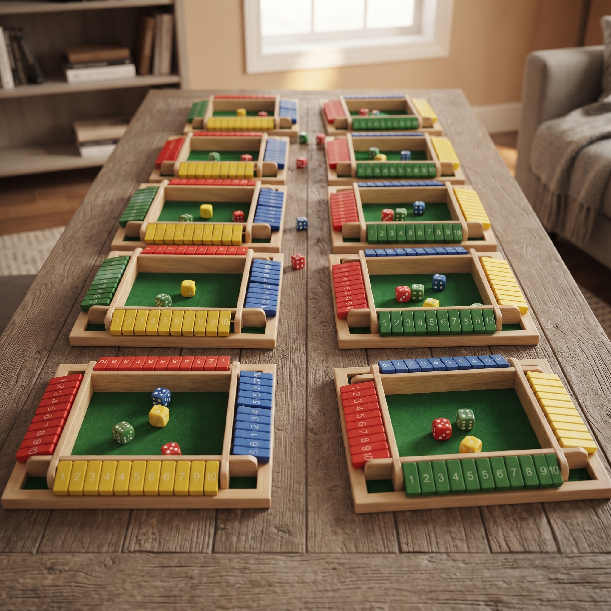 Wooden Shut the Box Dice Game, Classic Family Board Game for Math & Decision-Making Skills, for 2-6 Players, Perfect for Parties Birthdays Halloween and Christmas Gifts, Ideal for Family Game Nights and Stocking Stuffers 11 Overhead view of several Wooden Shut the Box Dice Game sets with green felt centers and colorful numbered tiles arranged on a wooden table.