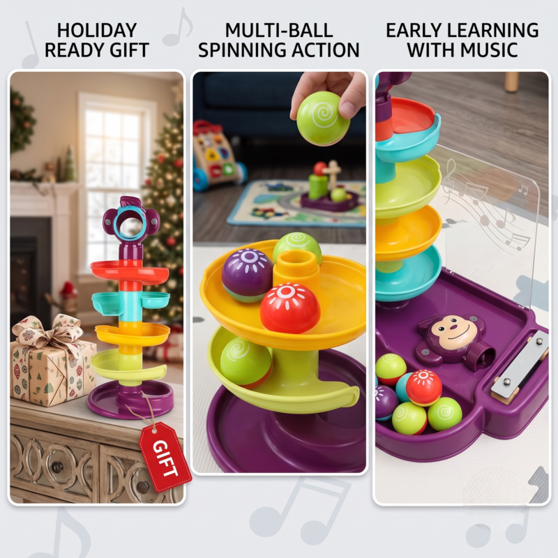 Ball Track Tower Fun Educational Toy Rolling Ball Early Learning/Spinning Balls/Great Gifts for Holidays Birthdays 3 Colorful toy tower standing on green moss and pebbles next to a stack of colorful patterned balls and a wrapped present
