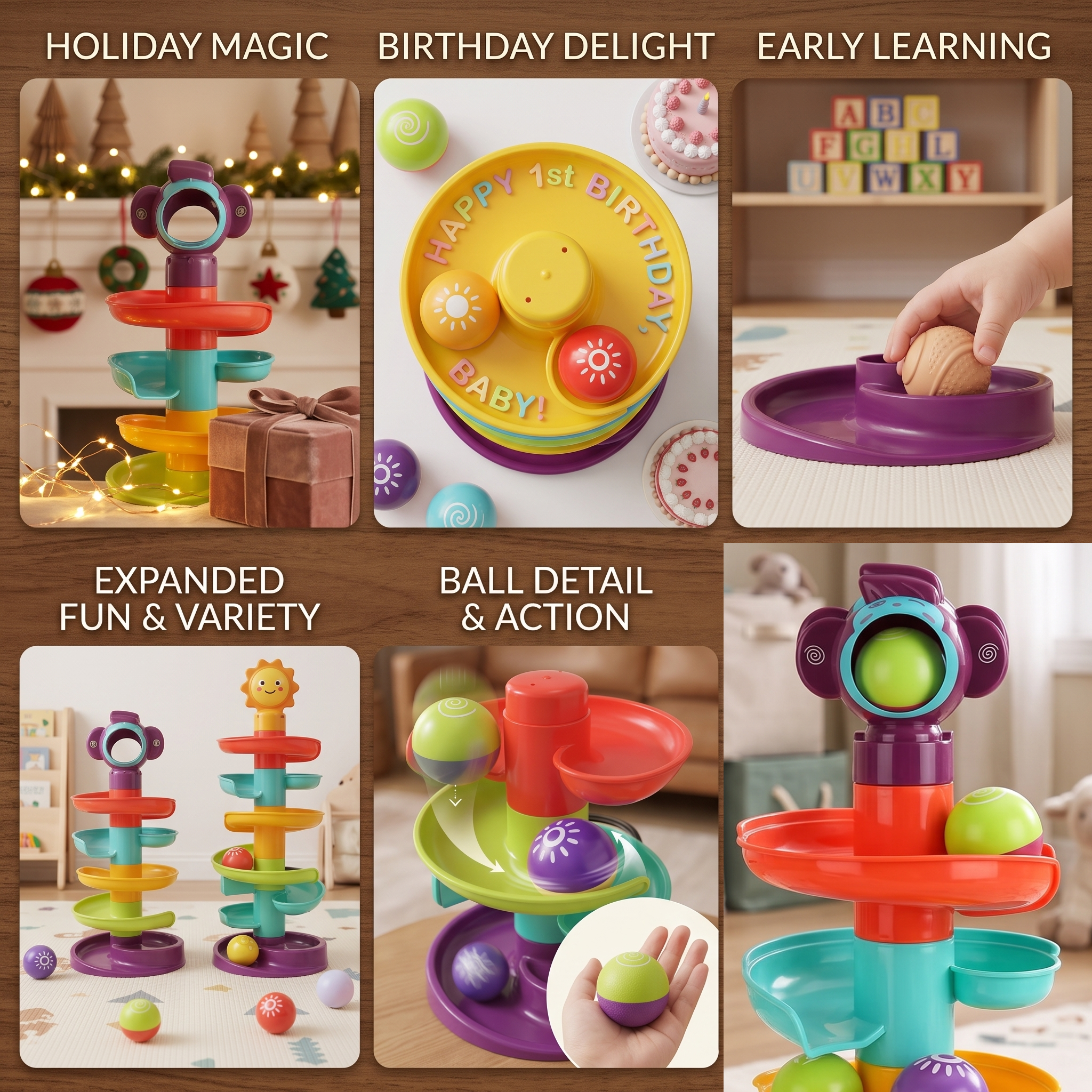 Ball Track Tower Fun Educational Toy Rolling Ball Early Learning/Spinning Balls/Great Gifts for Holidays Birthdays 11 A toddler's hand drops a purple patterned sphere into the top of a colorful ball track tower toy inside a bright playroom