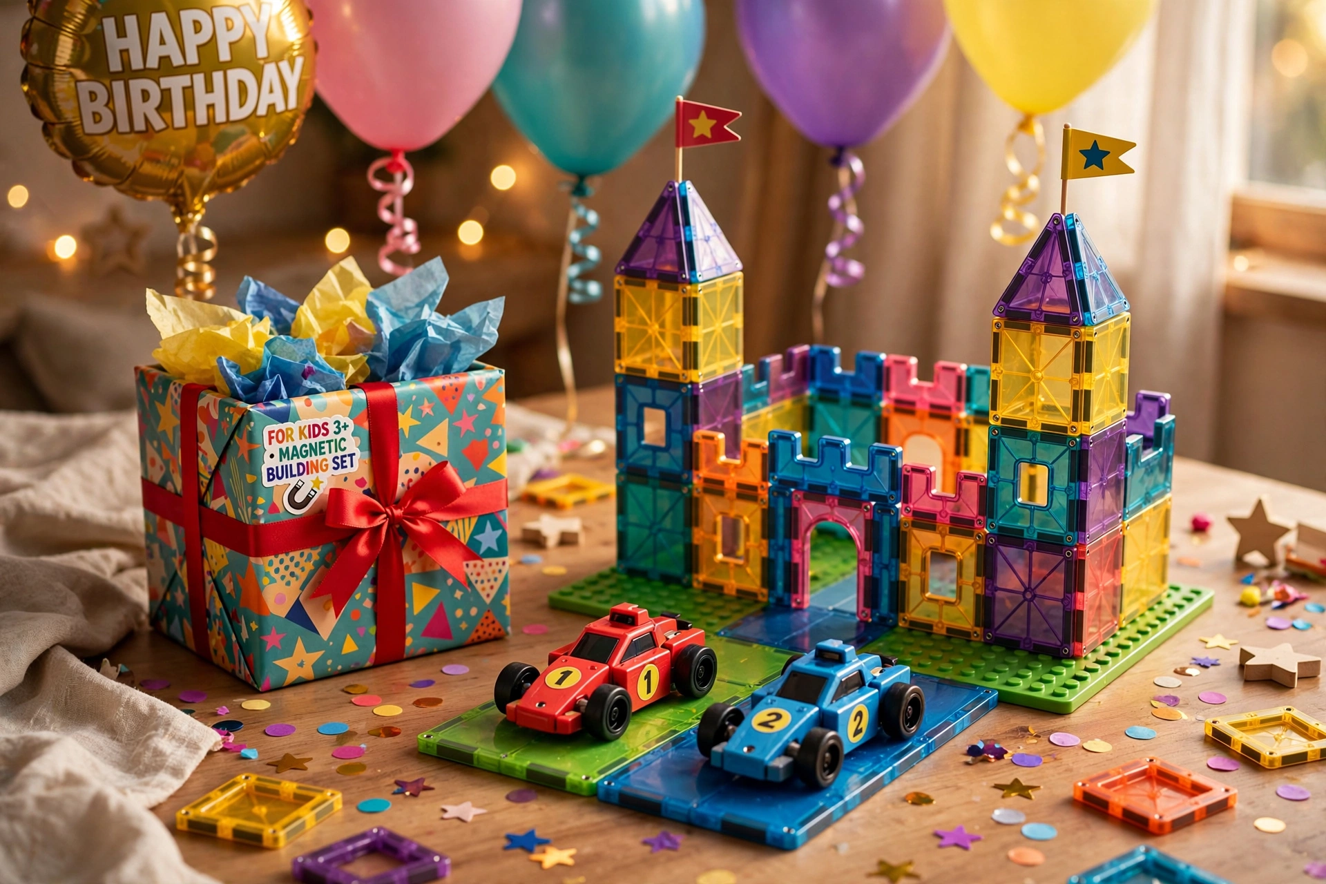 106/136pcs Magnetic Building Blocks with 2 Cars Suitable for Kids Boys & Girls, STEM Construction Toys with Magnetic Base Plates & Car Magnets, Educational Building Blocks for Birthday Gifts, for 3+ Years, for 4 5 6 7 8 9+ 11 A colorful castle and two toy cars built using an 80 pcs Magnetic Building Blocks with 2 Cars set, displayed next to a wrapped birthday gift and balloons.