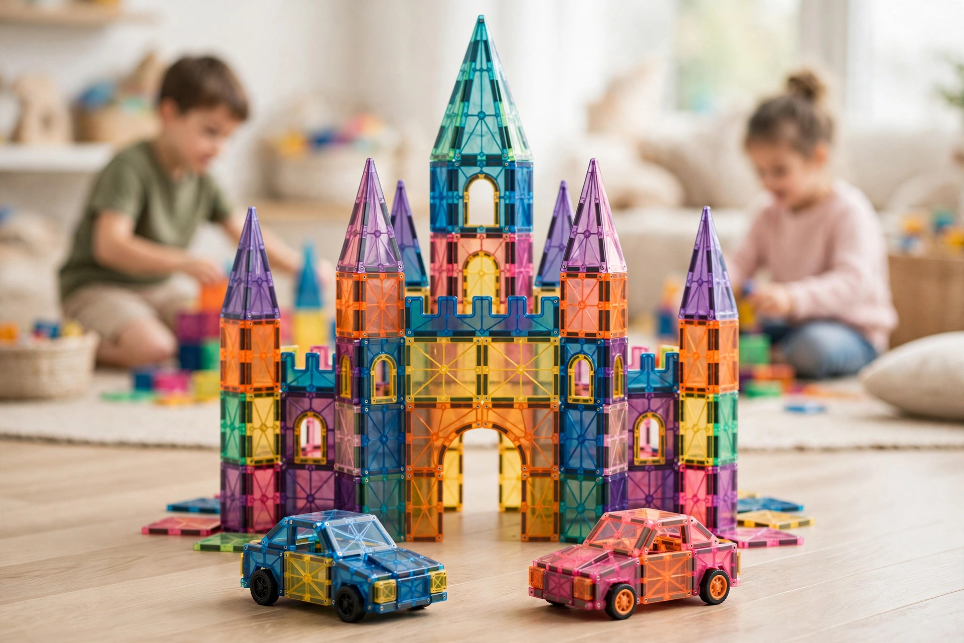 106/136pcs Magnetic Building Blocks with 2 Cars Suitable for Kids Boys & Girls, STEM Construction Toys with Magnetic Base Plates & Car Magnets, Educational Building Blocks for Birthday Gifts, for 3+ Years, for 4 5 6 7 8 9+ 9 mrali 80 pcs translucent magnetic castle