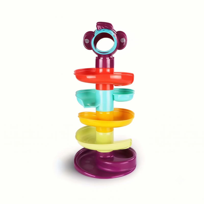 Ball Track Tower Fun Educational Toy Rolling Ball A four panel grid graphic detailing holiday gift settings birthday themes early learning play and top down momentum focus views