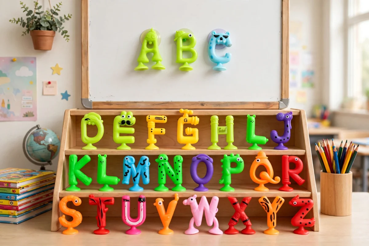 awesome 26pcs Multicolor Rubber Alphabet Letters with Suction Cups, Educational Spelling Learning Game, Ideal for Halloween/Christmas/Birthday Party Giftschristmas Stocking Stuffers, Christmas Stocking Stuffers 2 Full set of colorful Alphabet Letters with Suction Cups arranged on a wooden classroom shelf with books and a globe in the background