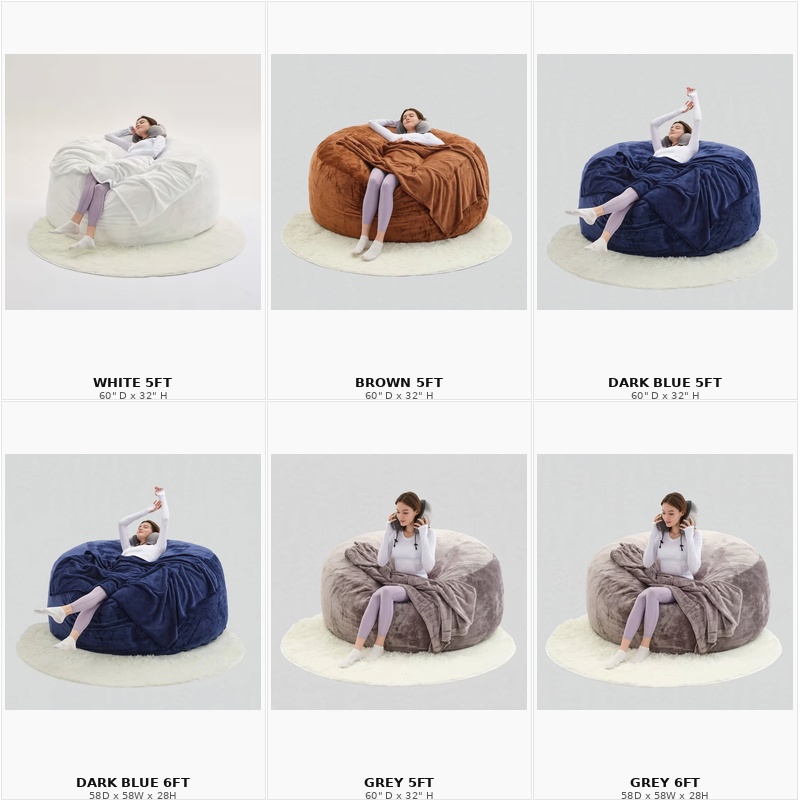 A grid image displaying the Beanbag Sofa Chair Include Filler available in white (5ft), brown (5ft), dark blue (5ft & 6ft), and grey (5ft & 6ft) with people lounging on them.