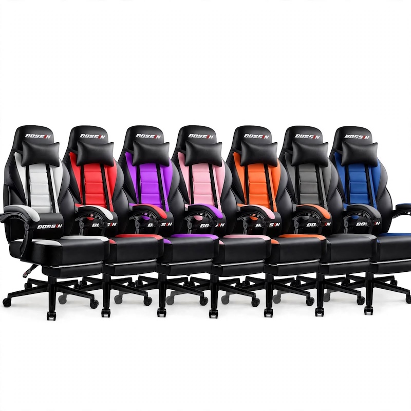 Alt Text: A lineup of ergonomic Big And Tall Gaming Chairs featuring black frames with various accent colors including white, red, purple, pink, orange, grey, and blue.