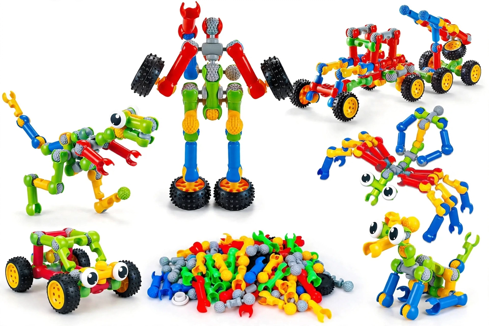 Building Toys 83 Piece STEM Toys for Kids Boys and Girls Christmas Birthday Gifts Children Building Blocks Creative and Educational Kids Toys Projects 5 Diverse set of creations made from a Building Toys 83 Piece set including a robot, dinosaur, and cars next to a pile of pieces.