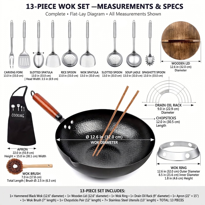 practical Cast Iron Frying Pan Wok Set - Nonstick, 12.6 Inch Pan With 13 Cookware Accessories, Suitable For All Stoves, Kitchen Utensils, Kitchen Tools, Kitchen Accessory, Kitchen Supplies Camping 13 A flat-lay overview graphic displaying all 13 components of the Cast Iron Frying Pan Wok Set with individual measurement labels.