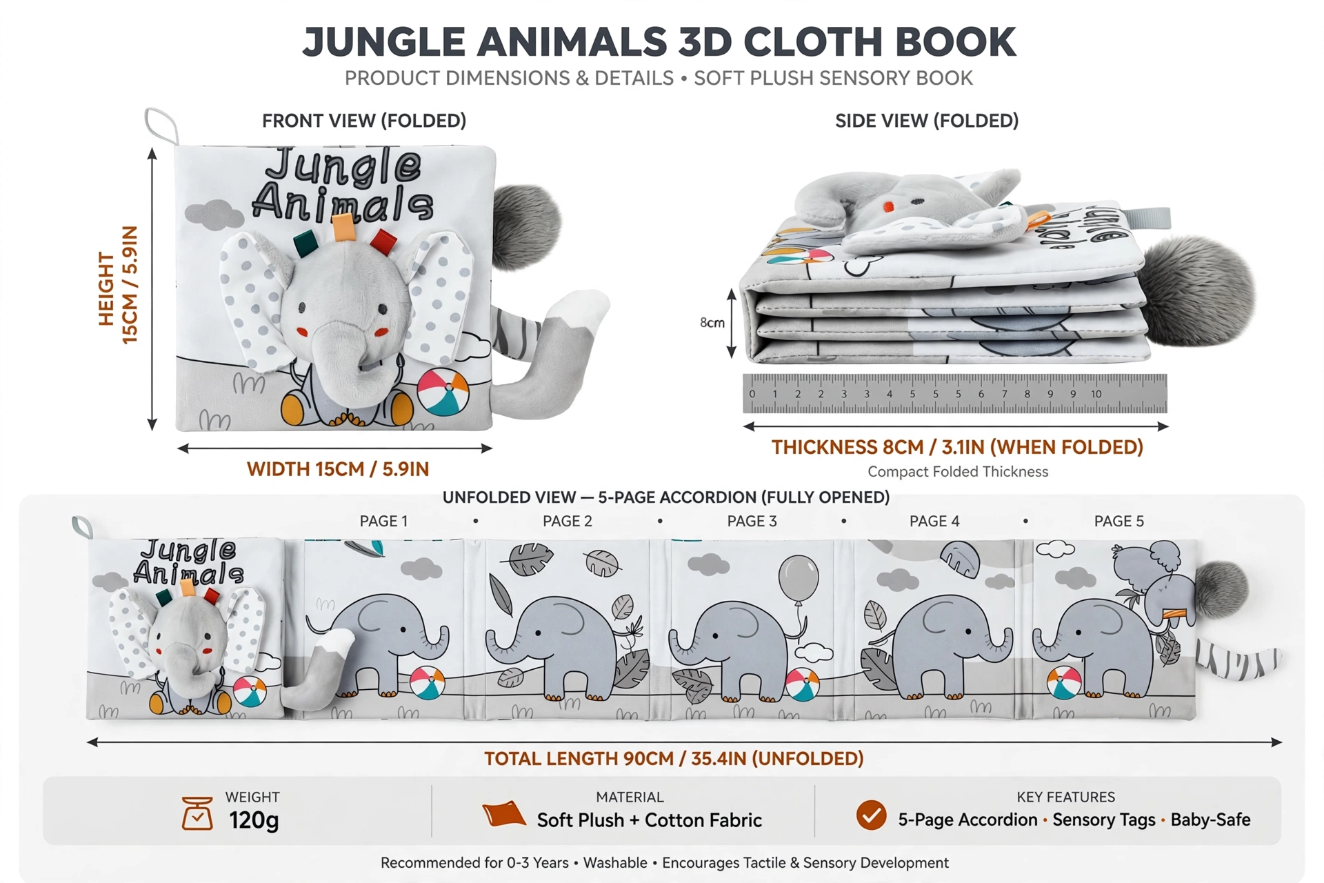 Cloth Books 3D Touch Feel High Contrast Cloth Book, Baby Books Toys for Baby 0-12 Months, Soft Baby Books Touch and Feel Crinkle for Infants Toddler Gifts Toy(Elephant) 7 Detailed layout and measurements guide for Cloth Books 3D Touch.
