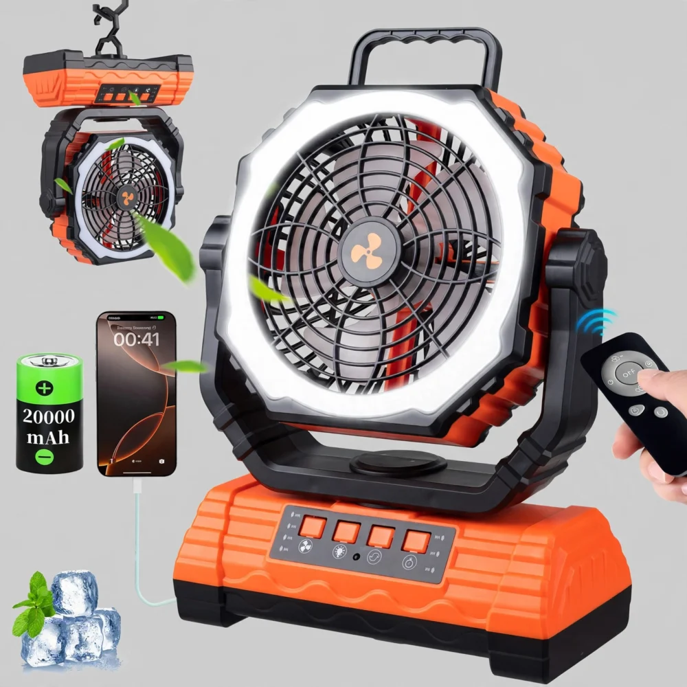 Comprehensive overview image of the Cold Air Battery Powered Fan featuring a remote control, phone charging, and LED ring light.