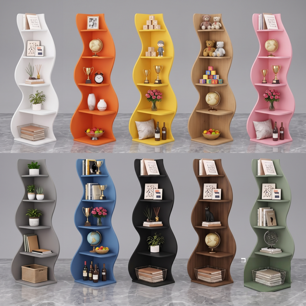 A comprehensive display of the Corner Shelf Modern 5 Tier Wall Corner Bookshelf available in ten different colors and finishes including white orange yellow natural wood pink gray blue black dark brown and sage green. Each shelf features a unique wavy side frame and is styled with various decor items like plants books and decorative accessories.