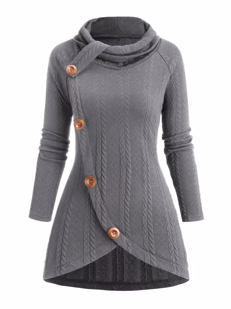useful Sophisticated Decorative Buttoned Long Sleeve Top | Modern High Neck Knit for Business Casual 9 gray long sleeve top featuring an asymmetrical crossover front, four decorative brown buttons, and a cozy high cowl neckline.