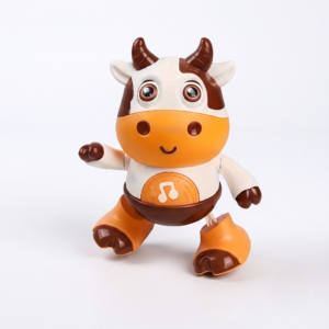 Studio product shot of the Musical Light Up Swinging Electric Singing Dancing Cow Toy Robot for Boys and Girls, featuring a white and brown body with a happy face and a musical note button on its chest.