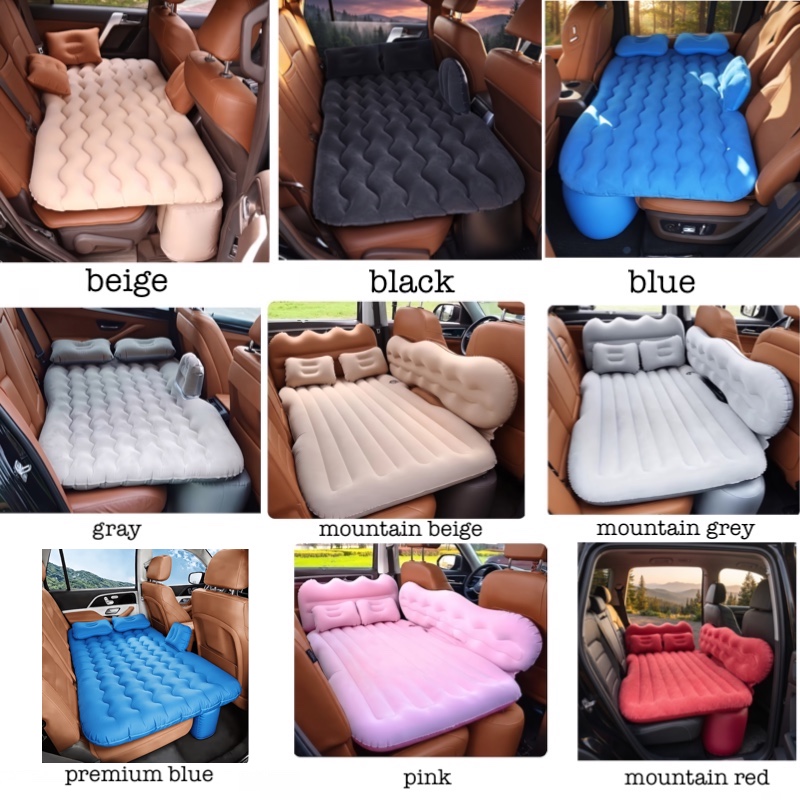 Flocking Blue Inflatable Car Bed Grid displaying various color choices for the Flocking Inflatable Car Bed, showcasing beige, black, blue, gray, mountain beige, mountain grey, premium blue, pink, and mountain red variants installed in vehicle backseats.