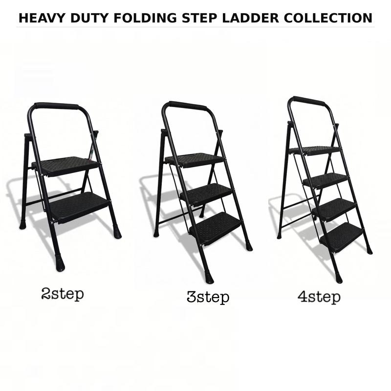Product lineup graphic displaying 2-step, 3-step, and 4tep Heavy Duty Folding Step Ladder models side-by-side on a white background
