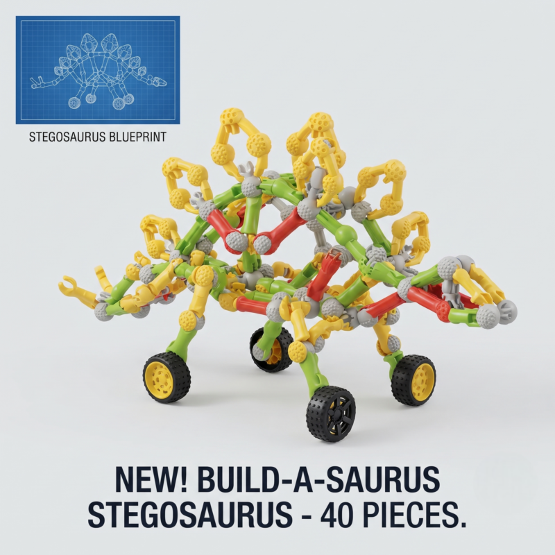 132pcs Kids STEM Building Toys for 3+ Year Old Boy Girl Birthday Gift, Educational Building Blocks Stem Kits Activities Engineering Creative Games, Ideal Christmas Birthday Gifts 2 Stegosaurus model assembled from 40 pieces using Kids STEM Building Toys with blueprint graphic