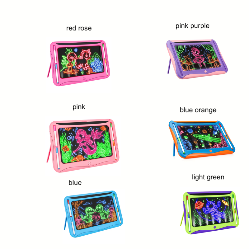 LED Light-Up Drawing Writing Doodle Board, Learning Travel Toy with 9 Double-Sided Cards, 6 Markers, Art Set, Suitable for Birthday Gifts And Christmas Gifts for Girls And Boys Aged 3-8. 17 A collection of LED Light Up Drawing Writing Doodle Board sets in various colors including red rose, pink purple, pink, blue orange, blue, and light green.