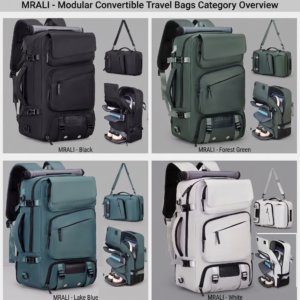 A four-quadrant product line presentation titled MRALI Modular Convertible Travel Bags Category Overview. The graphic features four color options of the multi-functional bag: Black top left, Forest Green top right, Lake Blue bottom left, and White bottom right. Each quadrant replicates the exact multi-view layout displaying a main front-facing view, a horizontal shoulder duffel conversion view, and an open interior view with items inside and shoes at the base.