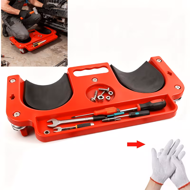A Rolling Knee Board Platform with Wheels, Made of ABS Material, Featuring a Multifunctional Built-in Tool Tray and a Comfortable Cushion. Suitable for Mechanics, Carpenters, Flooring, and Automotive Repairs. Valentine's Day Gifts for Men 2 A close-up view of a red Rolling Knee Board Platform with Wheels, loaded with tools like wrenches, screwdrivers, and screws. The main focus is on the integrated tool trays and contoured knee pads. There is an inset image in the top left showing a person using the product to kneel and work on a car engine. In the bottom right, white work gloves are pictured with a red arrow pointing to them.