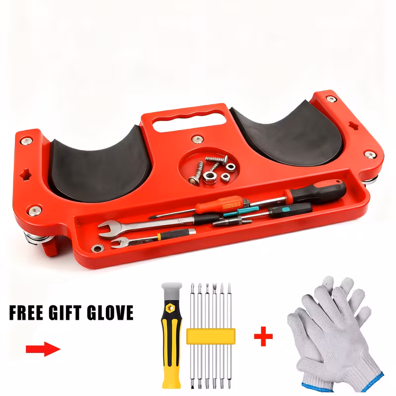 A Rolling Knee Board Platform with Wheels, Made of ABS Material, Featuring a Multifunctional Built-in Tool Tray and a Comfortable Cushion. Suitable for Mechanics, Carpenters, Flooring, and Automotive Repairs. Valentine's Day Gifts for Men 5 A red Rolling Knee Board Platform with Wheels (Model A Repair 8Piece Set) against a white background. It features two contoured black knee pads, built-in tool compartments holding wrenches and screwdrivers, a small parts dish with screws, and visible swivel wheels. Below the board are a free screwdriver set and a pair of gray work gloves.