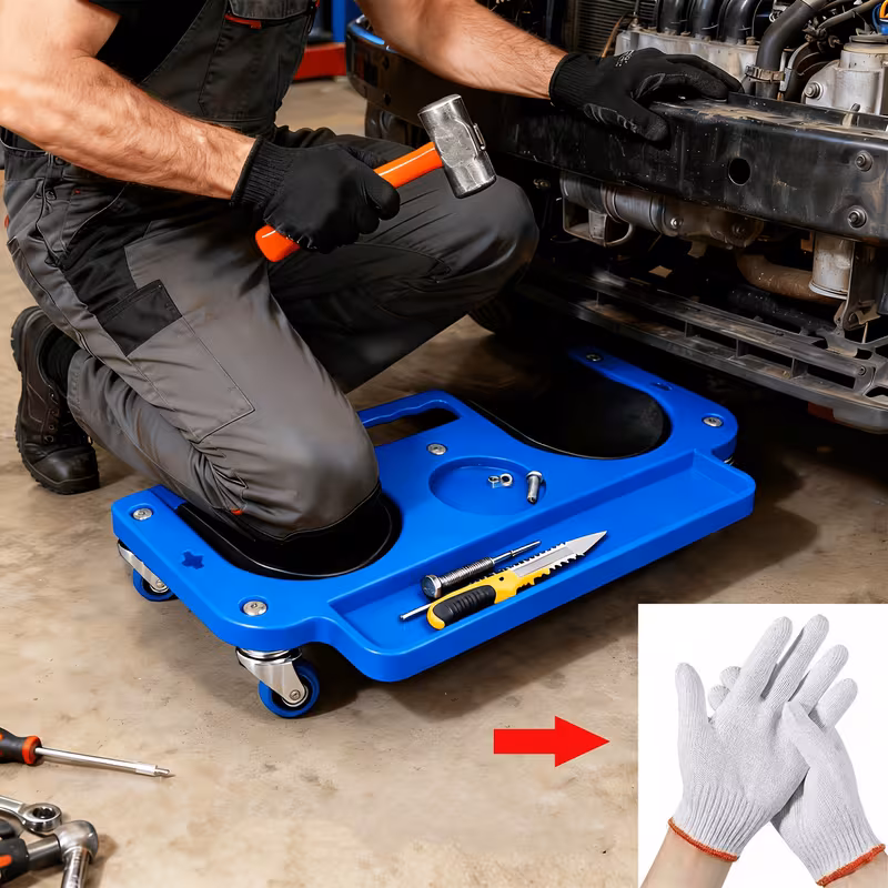 A Rolling Knee Board Platform with Wheels, Made of ABS Material, Featuring a Multifunctional Built-in Tool Tray and a Comfortable Cushion. Suitable for Mechanics, Carpenters, Flooring, and Automotive Repairs. Valentine's Day Gifts for Men 6 A mechanic in grey work clothes is kneeling on the ergonomic black pad of the New Treasure Blue Rolling Knee Board Platform with Wheels on a garage floor. He is using a sledgehammer to work on the exposed front end of a vehicle engine. The blue plastic platform has four swivel casters and multiple tool storage trays holding a knife and screws. A small inset image in the bottom right corner shows a pair of free white work gloves with red wrist trim.