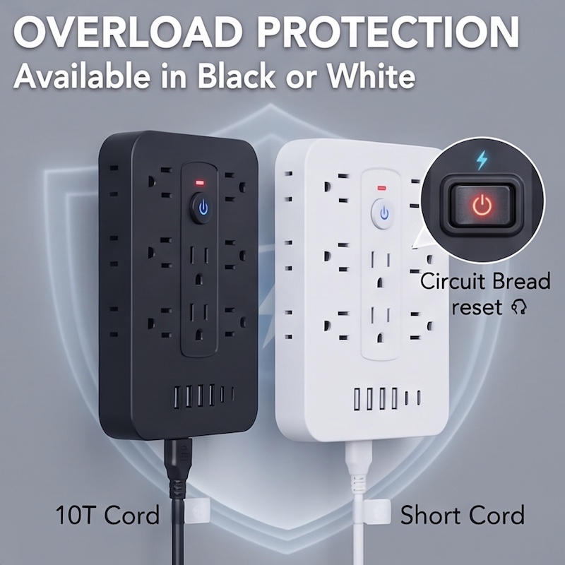 A Multifunctional Power Strip with Overload Protection, Featuring 14 AC Outlets, 4 USB Outputs, And 2 Type-C Outputs. Available in White Or Black, with Options for Short, 5FT, Or 10FT Extension Cords. It Includes Dual Side Sockets 45 Two vertical Multifunctional Power Strips, one black and one white, are displayed side-by-side against a light gray background with a subtle glowing shield graphic. Text at the top reads "OVERLOAD PROTECTION Available in Black or White". A call-out magnifier focuses on the power button of the white strip, which has a red indicator light, with the text "Circuit Bread reset" pointing to the button.